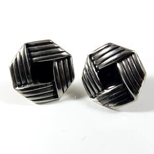 Vintage Hexagonal Textured Earrings, Silver & Gold Tone, Geometric Design